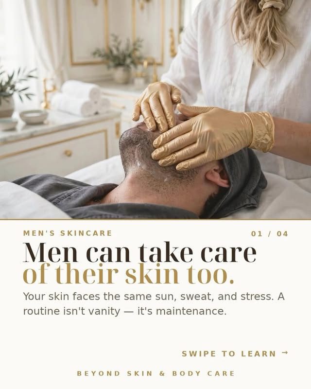 Man receiving a facial from an esthetician in gold gloves, with the words Men can take care of their skin too
