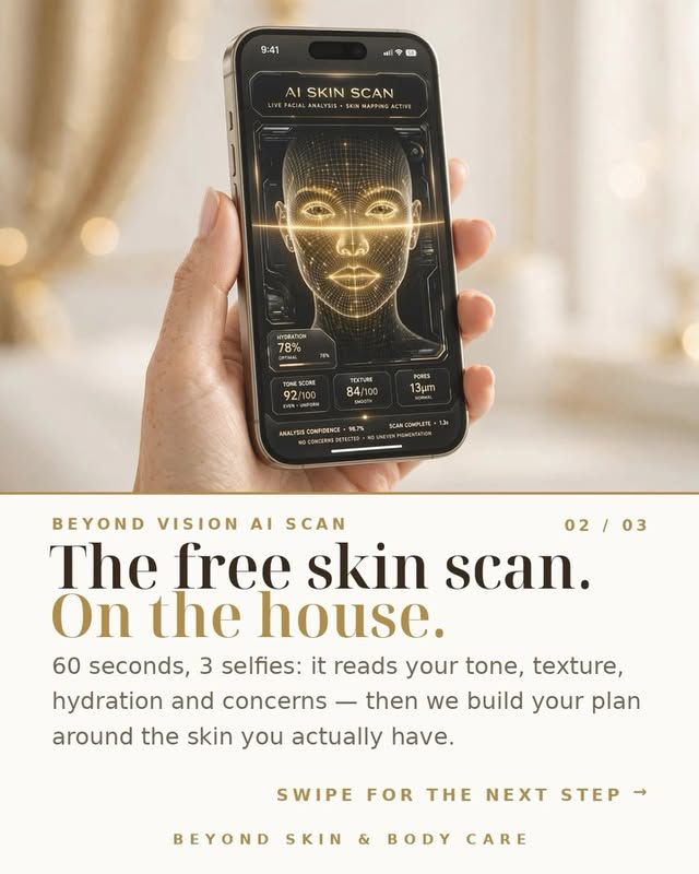 Hand holding a phone showing the Beyond Vision AI skin scan, with the words The free skin scan, on the house