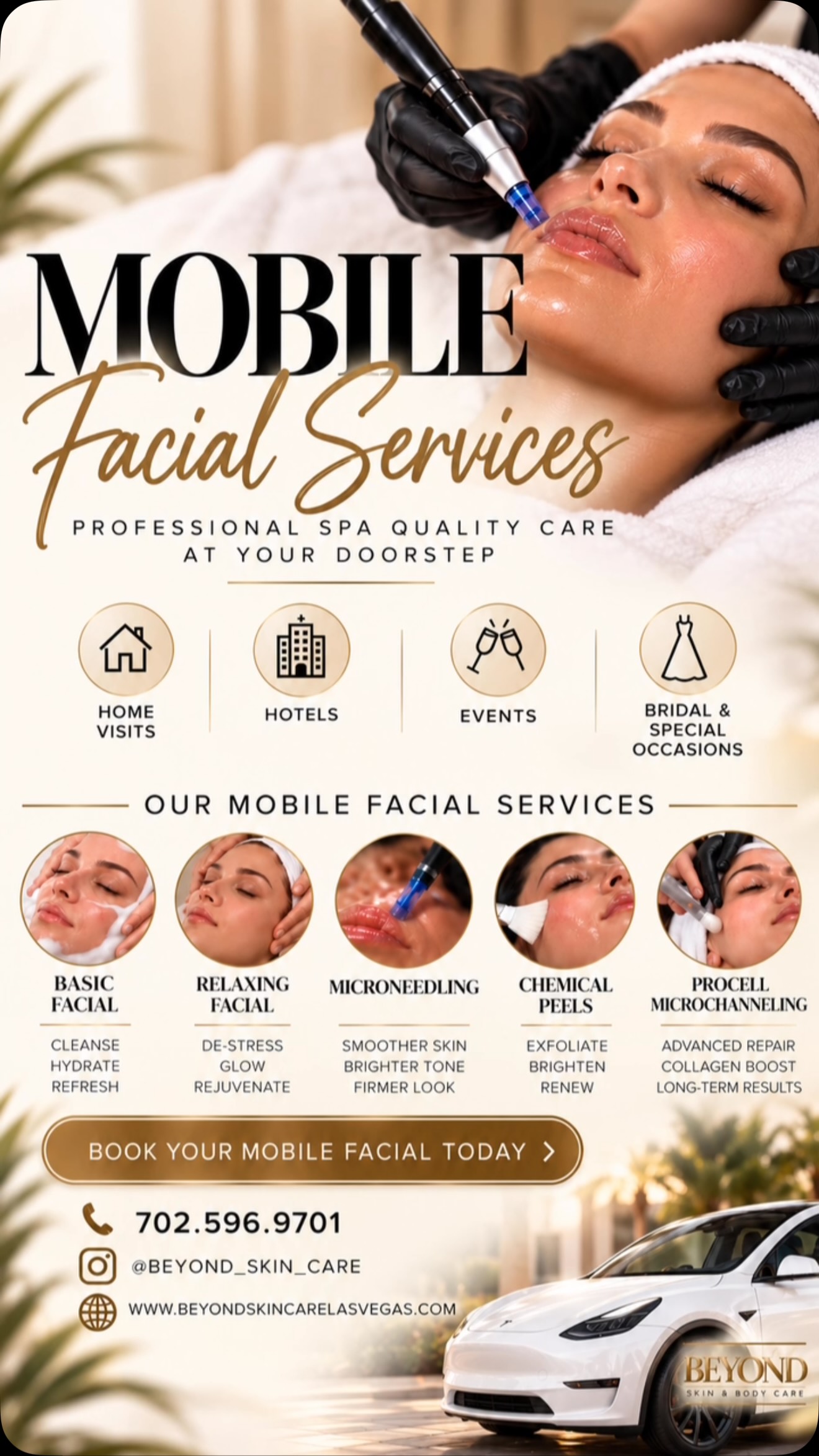 Mobile Facial Services flyer from Beyond Skin & Body Care listing home, hotel, event and bridal visits