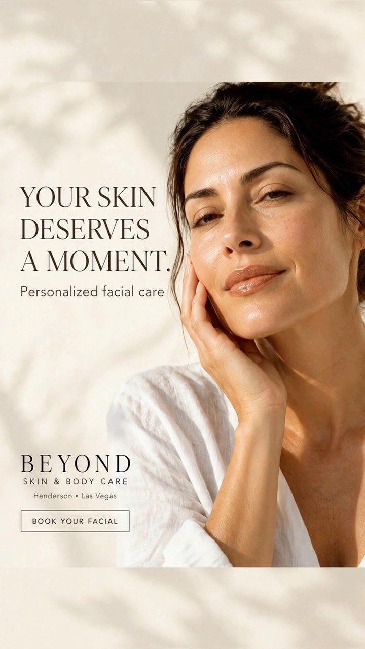 Woman resting her hand on her cheek beside the words Your skin deserves a moment, Beyond Skin & Body Care