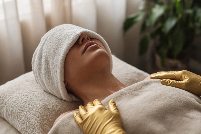 Client resting on a treatment bed with a towel over her eyes, gold-gloved hands on her shoulders